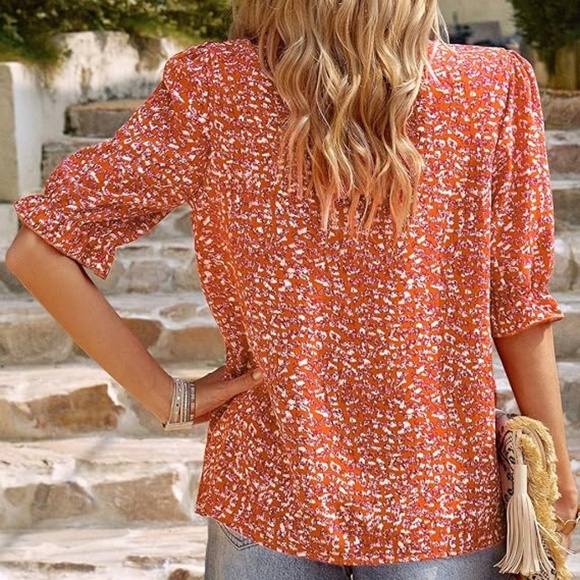 BTFBM Short Sleeve Mock Neck Ruffle Summer Print Boho Top, Size S - Picture 3 of 13